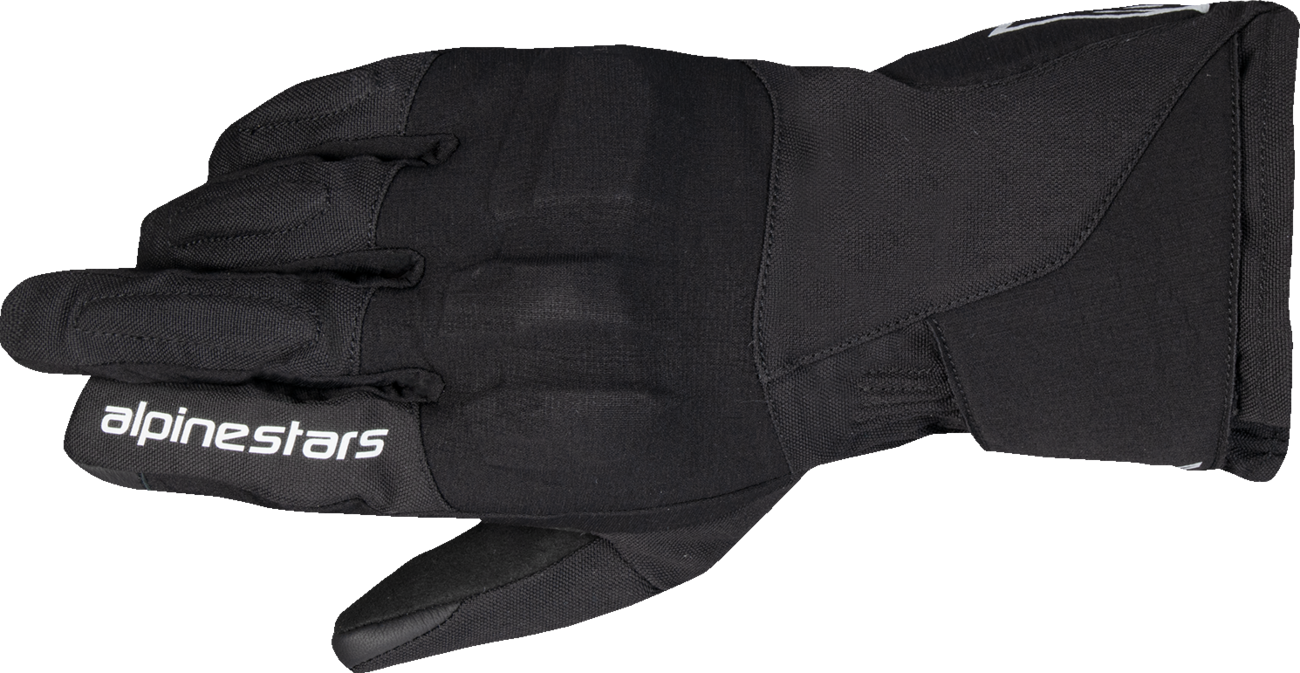 Alpinestars Stella WT-1 Drystar women’s black insulated motorcycle gloves, large size, with reinforced palms and adjustable wrist straps.