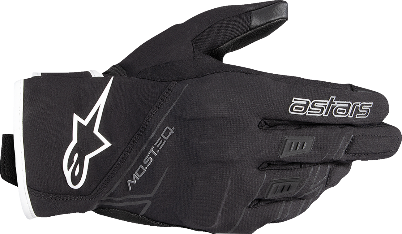Alpinestars Stella Moblast WP gloves in black and off white, small size, with protective knuckles and breathable fabric.