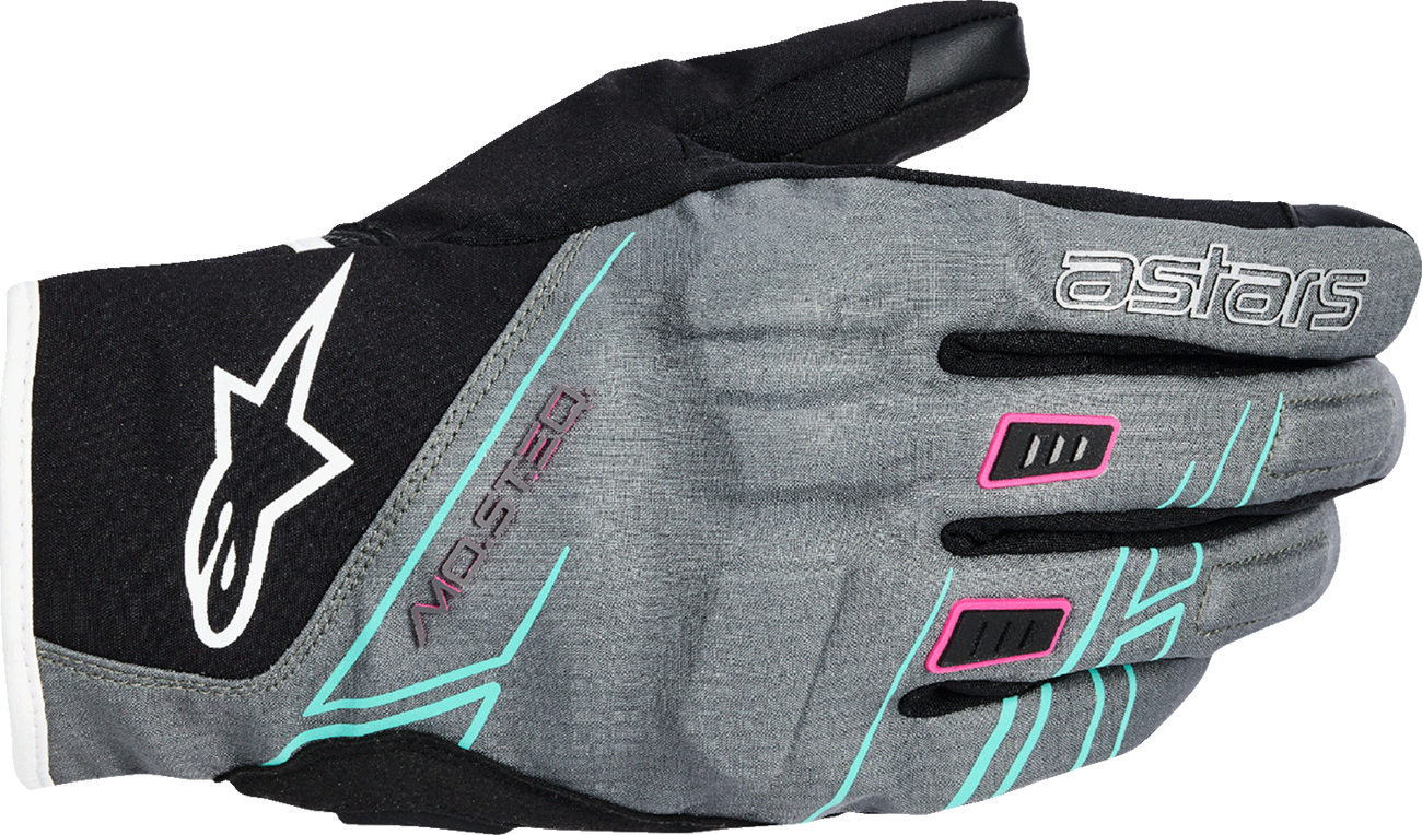Alpinestars Stella Moblast WP gloves in fur gray, black, and fluo pink with small size, showing waterproof motorcycle glove design.
