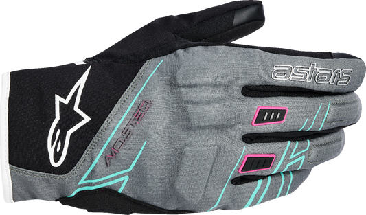 Alpinestars Stella Moblast WP gloves in fur gray, black, and fluo pink with small size, showing waterproof motorcycle glove design.