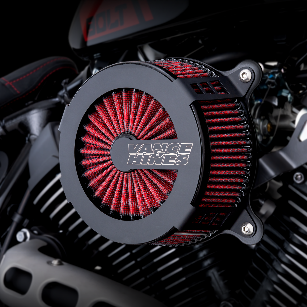 Vance & Hines VO2 Cage Fighter air intake kit in black with sleek design, ready for motorcycle engine enhancement.