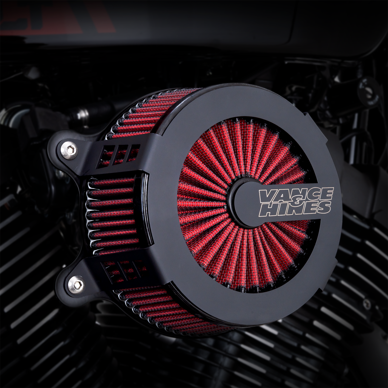 VANCE & HINES VO2 Cage Fighter Air Intake Kit in black, showing the sleek air filter and intake components for motorcycle performance.