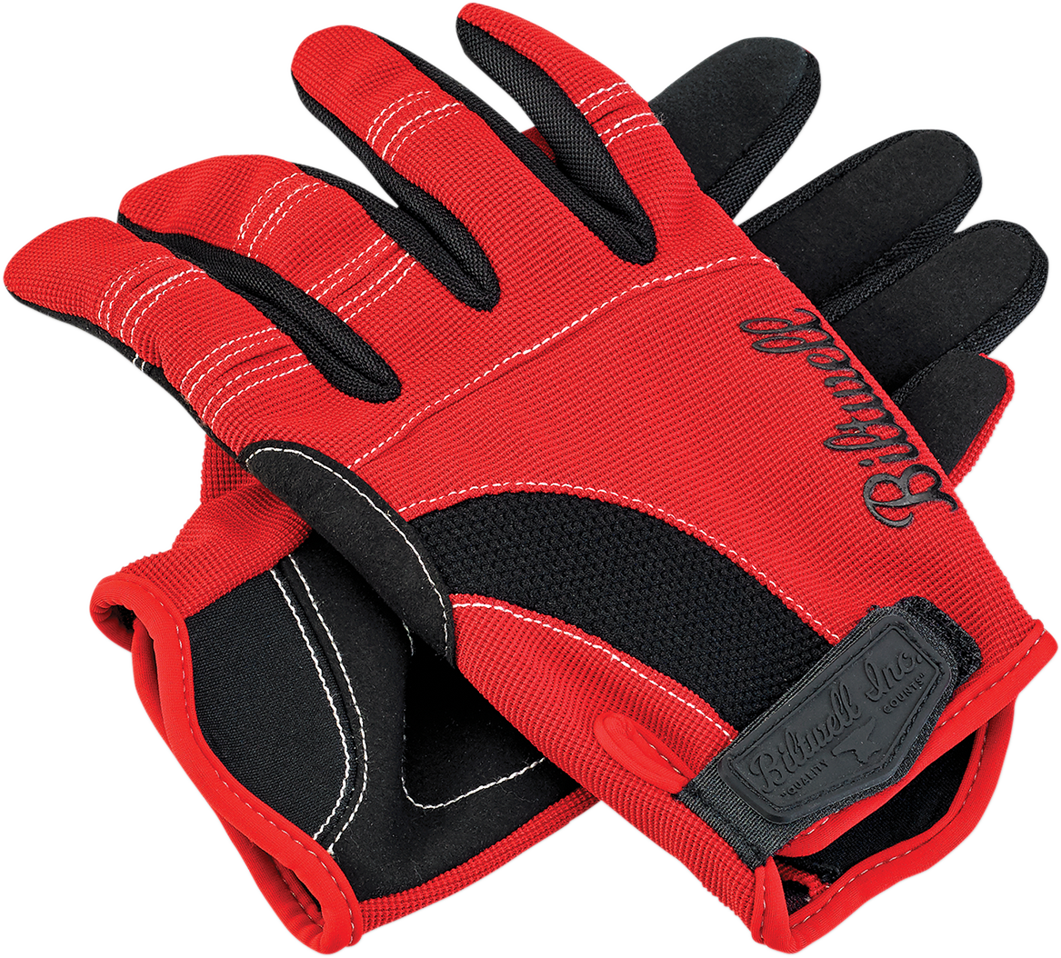 Bill's Exhausts BILTWELL Moto Gloves in red, black, and white, XL size, showing the protective design and sporty style.