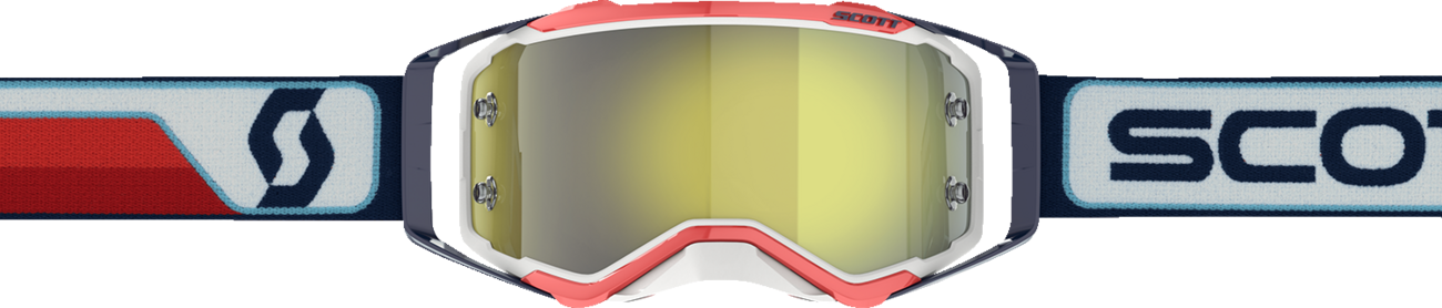 Scott Prospect motorcycle goggles in red, white, and yellow chrome with tinted lenses, designed for motocross and off-road riding.