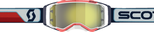 Scott Prospect motorcycle goggles in red, white, and yellow chrome with tinted lenses, designed for motocross and off-road riding.
