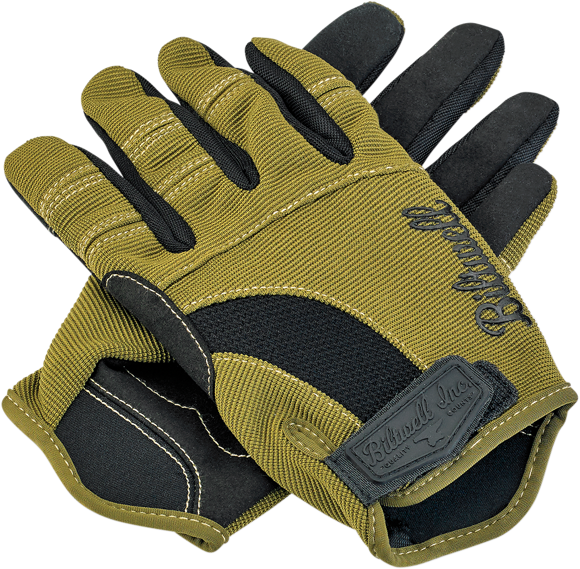 BILTWell Moto Gloves in olive and black, small size, featuring durable leather and protective padding for motorcycle riding.