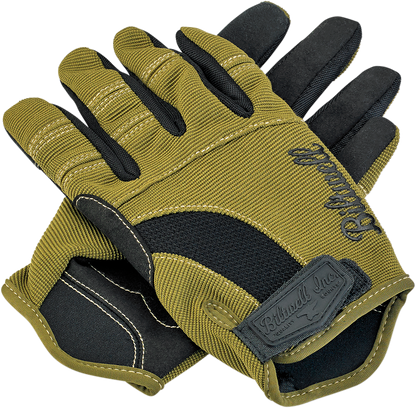 BILTWell Moto Gloves in olive and black, small size, featuring durable leather and protective padding for motorcycle riding.