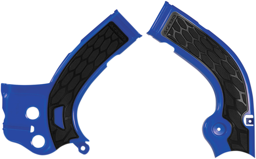 Blue and black Acerbis X-Grip frame guards for motorcycles, featuring durable body protection with visible branding on the guards.