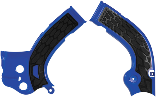 Blue and black Acerbis X-Grip frame guards for motorcycles, featuring durable body protection with visible branding on the guards.
