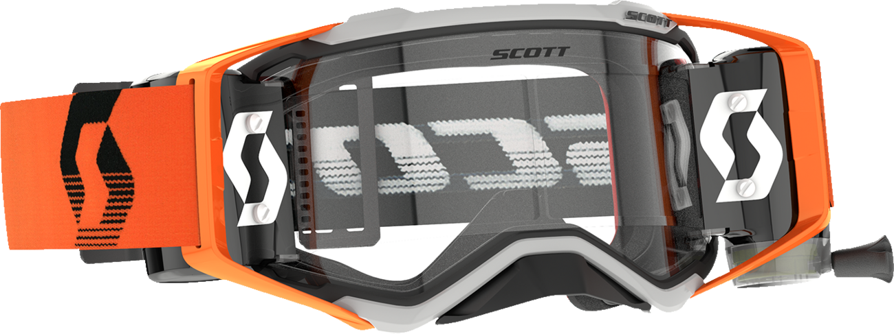 Scott Prospect WFS Goggle in gray and orange with clear lens, featuring adjustable strap and ventilation for outdoor sports.
