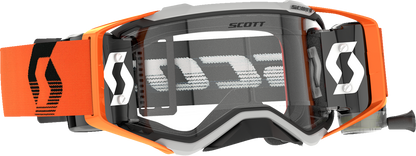 Scott Prospect WFS Goggle in gray and orange with clear lens, featuring adjustable strap and ventilation for outdoor sports.