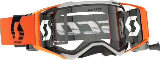 Scott Prospect WFS Goggle in gray and orange with clear lens, featuring adjustable strap and ventilation for outdoor sports.