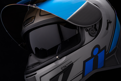 Blue ICON Airform™ Helmet Resurgent XS helmet by Bill's Exhausts with sleek aerodynamic design and secure chin strap.
