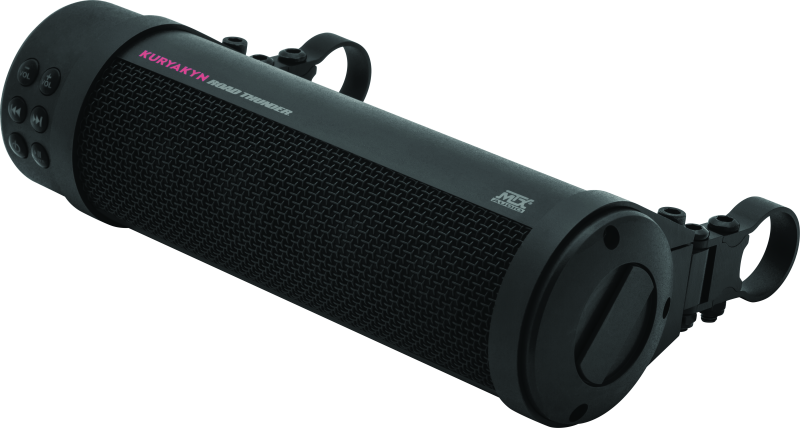 Kuryakyn Road Thunder Plus Sound Bar by MTX with weather-resistant marine speakers, Bluetooth connectivity, installed on motorcycle handlebars.