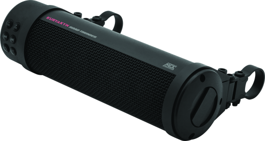 Kuryakyn Road Thunder Plus Sound Bar by MTX with weather-resistant marine speakers, Bluetooth connectivity, installed on motorcycle handlebars.