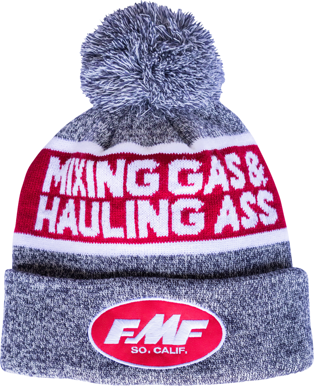 FMF Gassed Navy Beanie with 6-seam cuff, pom pom, and logo knit, designed for warm and stylish headwear.