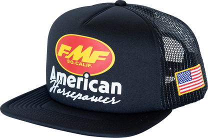 FMF Pony Power black trucker hat with mesh back and adjustable snap closure, featuring embroidered logo on front.