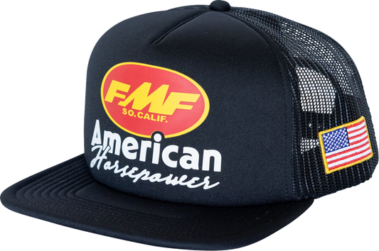 FMF Pony Power black trucker hat with mesh back and adjustable snap closure, featuring embroidered logo on front.