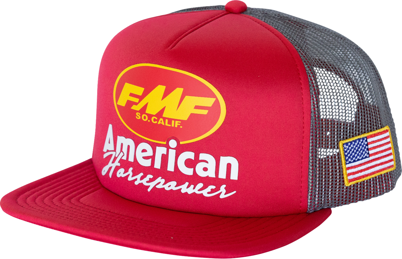 Red FMF Pony Power Trucker Hat featuring adjustable strap and front logo embroidery.