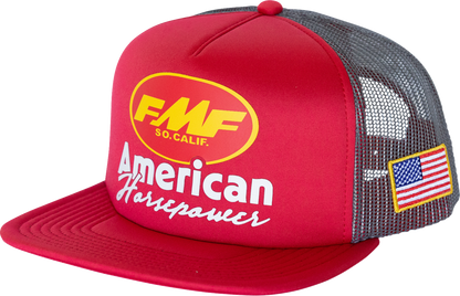 Red FMF Pony Power Trucker Hat featuring adjustable strap and front logo embroidery.