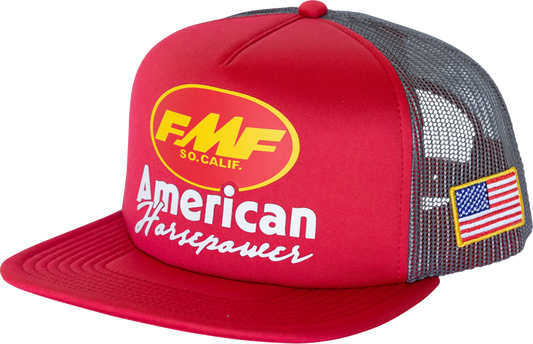 Red FMF Pony Power Trucker Hat featuring adjustable strap and front logo embroidery.