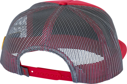 Red FMF Pony Power trucker hat with mesh back and front logo patch, stylish casual headwear for outdoor activities.