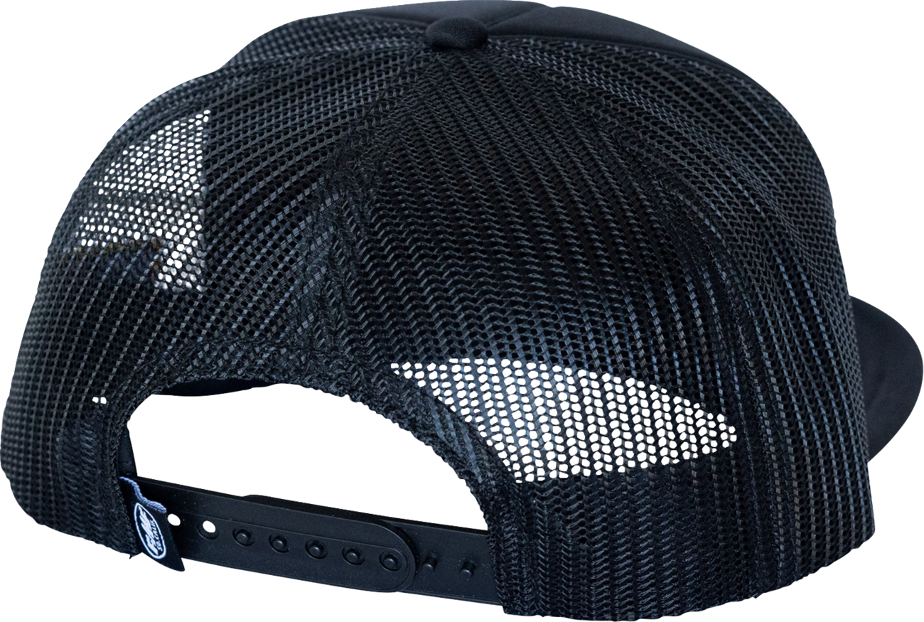 Black FMF Pony Power Trucker Hat with structured front panel and mesh back, featuring the FMF logo embroidery.