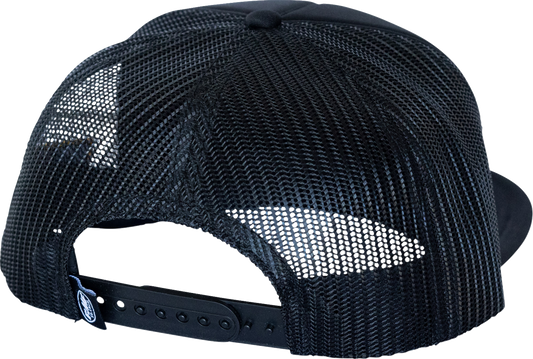 Black FMF Pony Power Trucker Hat with structured front panel and mesh back, featuring the FMF logo embroidery.