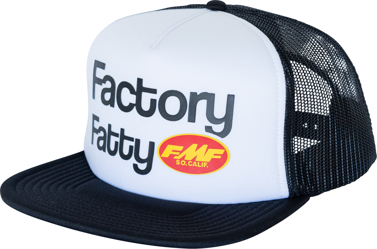 White FMF Fatty Trucker Hat with mesh back and embroidered front logo, adjustable strap, casual style.