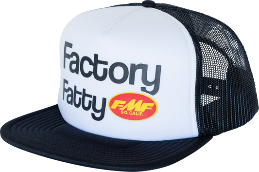 White FMF Fatty Trucker Hat with mesh back and embroidered front logo, adjustable strap, casual style.