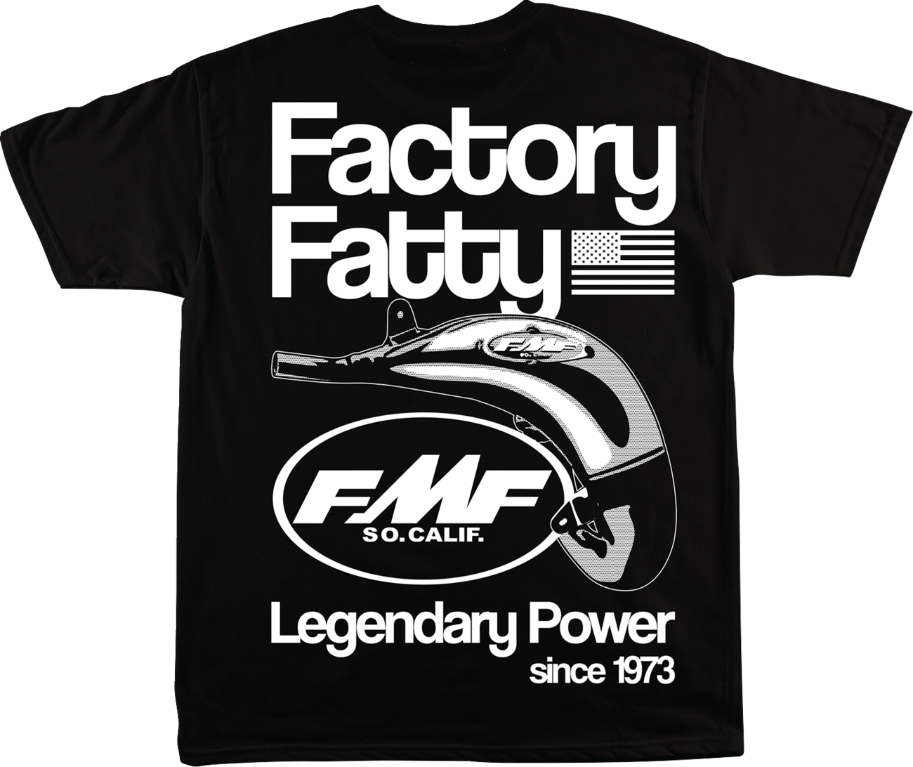 Black FMF Factory Fatty T-shirt in medium size, featuring the FMF logo and design, displayed flat on a neutral background.