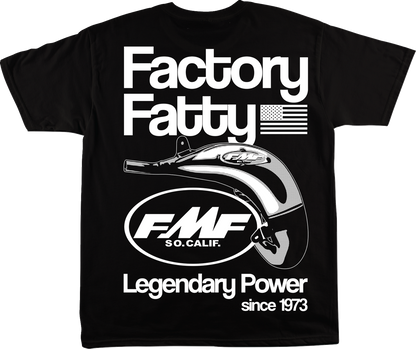 Black FMF Factory Fatty T-shirt in medium size, featuring the FMF logo and design, displayed flat on a neutral background.