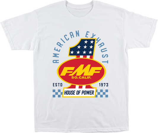FMF America First large white T-shirt made of soft spun cotton with a premium fit, displayed flat in the image.