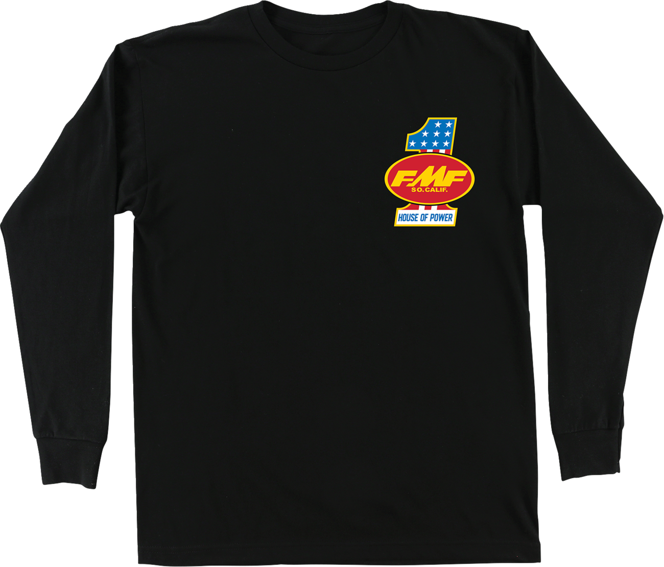 Black FMF America First long-sleeve T-shirt in medium size with logo print, made from soft, comfortable fabric.