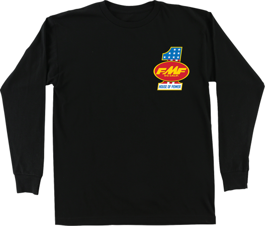 Black FMF America First long-sleeve T-shirt in medium size with logo print, made from soft, comfortable fabric.