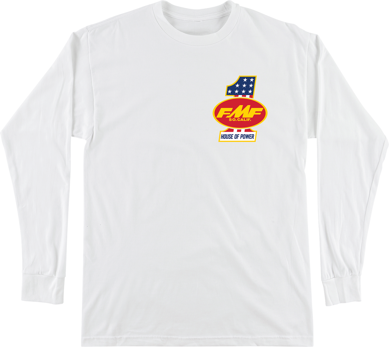 FMF America First long-sleeve T-shirt in white, medium size, featuring the FMF logo on the front for casual wear.