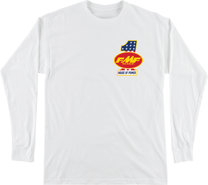 FMF America First long-sleeve T-shirt in white, medium size, featuring the FMF logo on the front for casual wear.