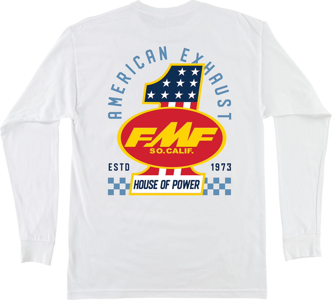 White FMF America First long-sleeve T-shirt with logo and design on the front, medium size, casual apparel.