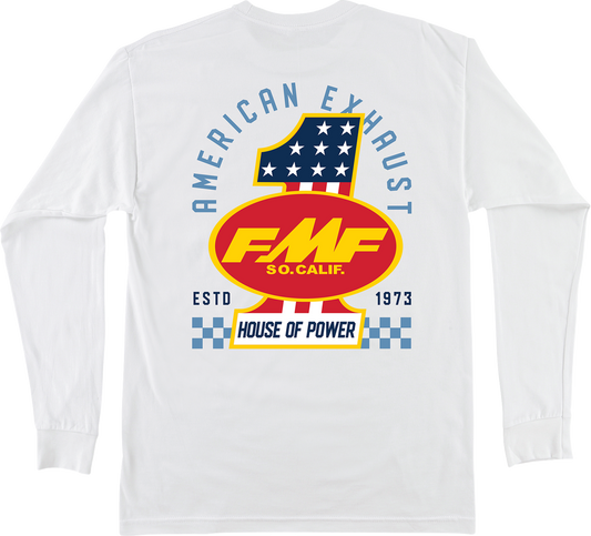 FMF America First long-sleeve T-shirt in white, 2XL, featuring FMF branding on the front, made of soft fabric.