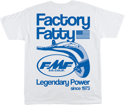 White FMF Factory Fatty T-Shirt in small size with logo print, casual fit, and comfortable cotton fabric.