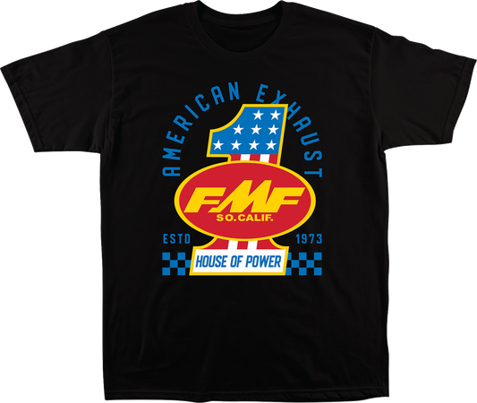 FMF America First black 2XL T-shirt featuring a comfortable 100% cotton graphic design on the front.