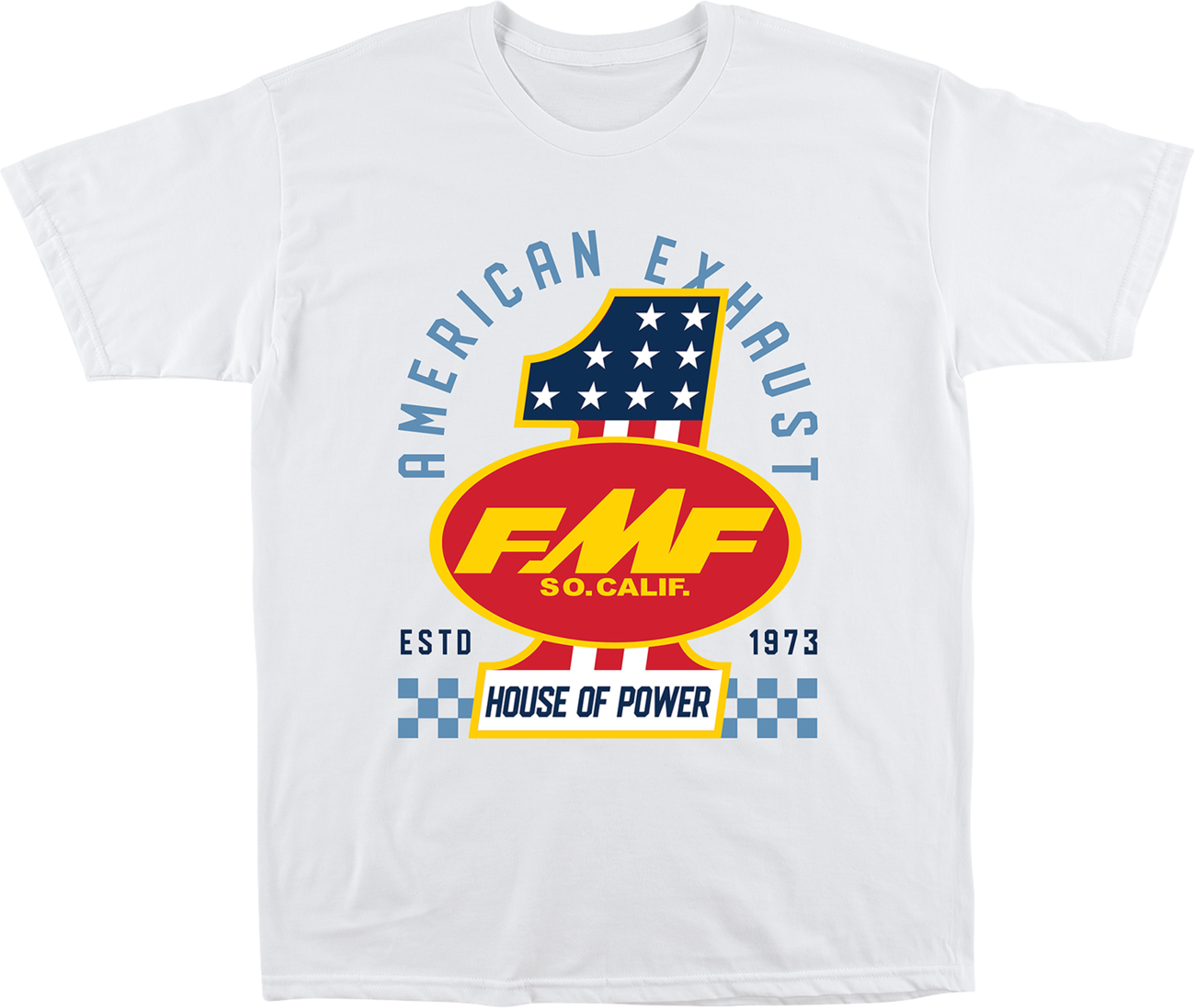 White FMF America First T-Shirt in medium size, featuring the FMF logo and patriotic design on the front.