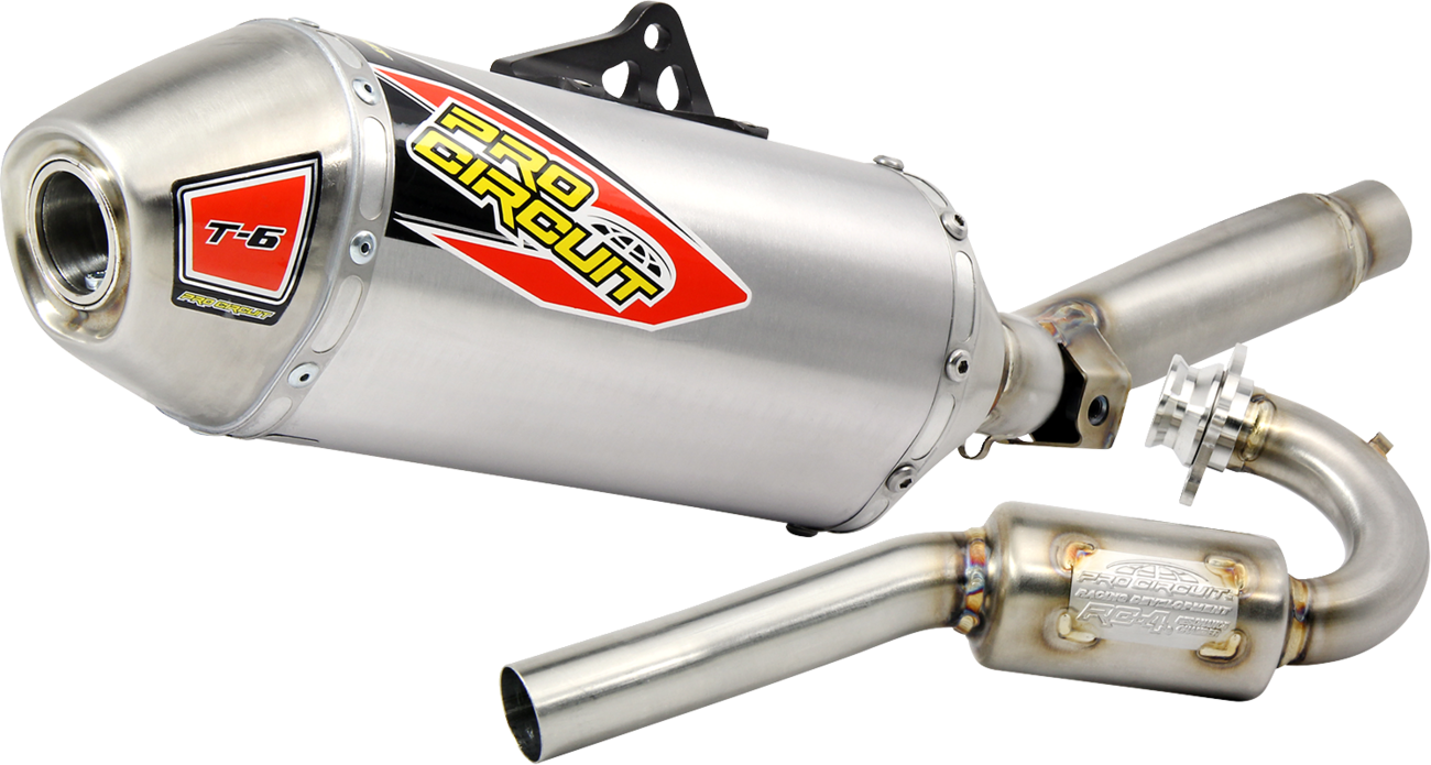 Stainless steel PRO CIRCUIT T-6 exhaust system for Honda CRF150R motorcycle, shown in the image.