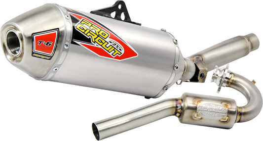 Stainless steel PRO CIRCUIT T-6 exhaust system for Honda CRF150R motorcycle, shown in the image.
