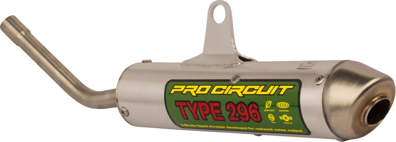Pro Circuit Type 296 S/A silencer for KTM 85 motorcycle, showing the cylindrical metal exhaust component with mounting details.