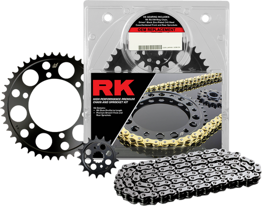 RK Chain and Sprocket Kit for Triumph Speed 400, black and natural finish, including chain and sprockets with part number 7104-110EX.