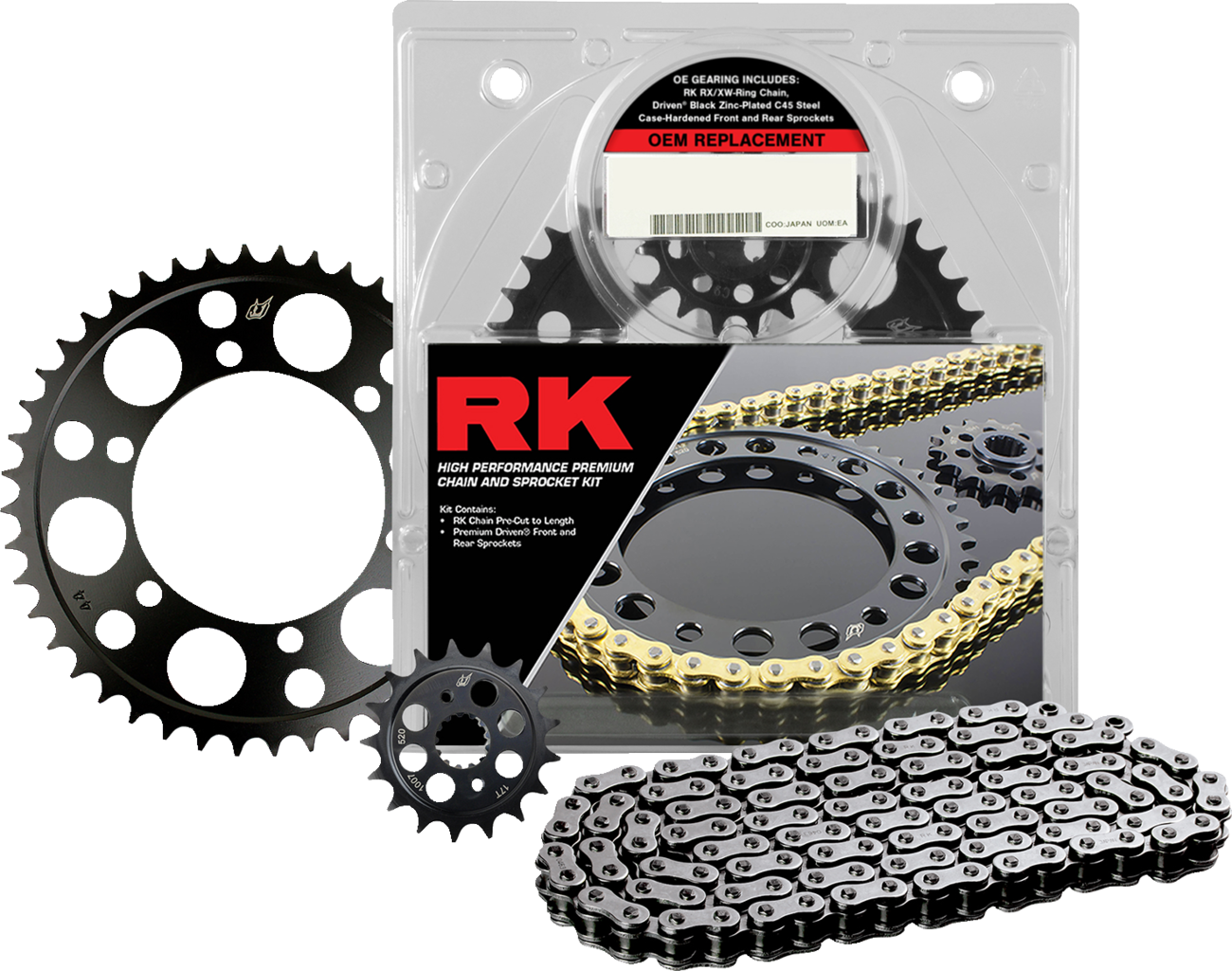 RK chain and sprocket kit for Kawasaki EX500 Ninja motorcycle, showing the new chain and sprockets in packaging.