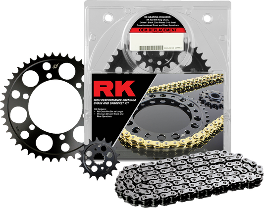RK chain and sprocket kit for Kawasaki EX500 Ninja motorcycle, showing the new chain and sprockets in packaging.