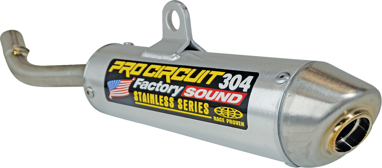 Pro Circuit 304 Silencer for Yamaha YZ125 motorcycle, showing the black aluminum exhaust part with mounting details.