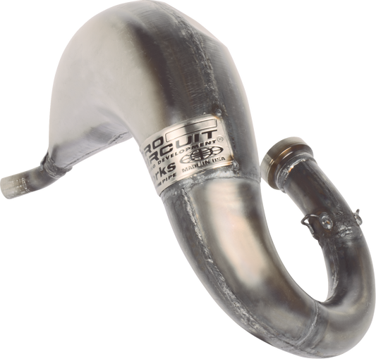 Pro Circuit Works Pipe for KTM 85 motorcycle, showing the shiny, metallic exhaust pipe with branding and mounting details.